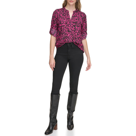 Calvin Klein Women's Sportswear Printed ROLL TAB Sleeve,Black/Mulberry,XL