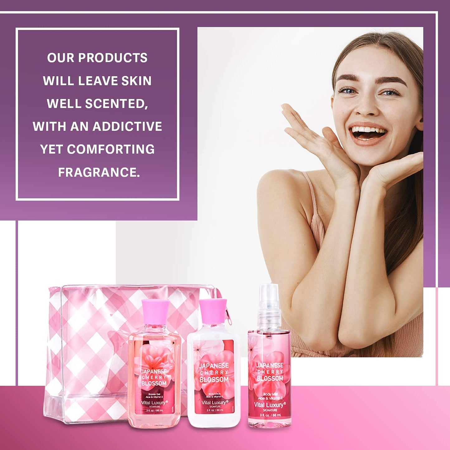 Vital Luxury Bath & Body Care Travel Set - Home Spa Set with Body Lotion, Shower Gel and Fragrance Mist (Japanese Cherry Blossom)