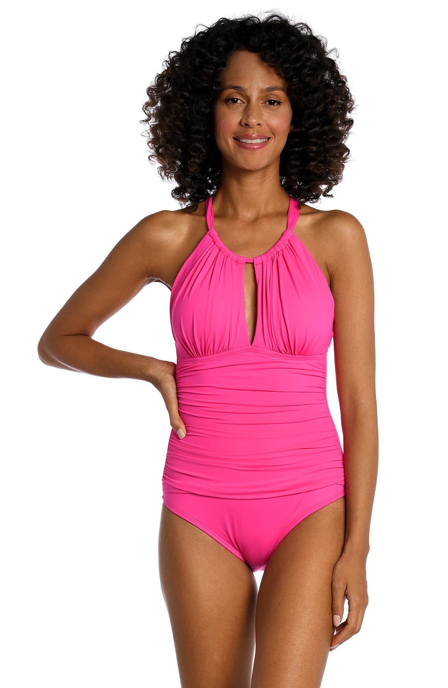 La Blanca Women's Island Goddess High Neck Keyhole One Piece Swimsuit, Pop Pink, 12