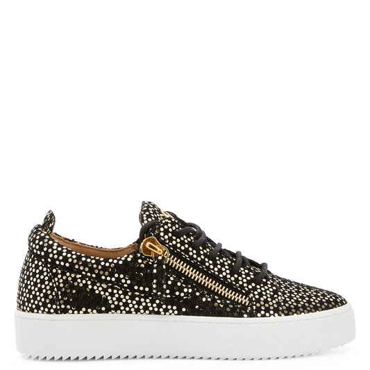 Giuseppe Zanotti, Gail Black Laminated Synthetic Fabric Low-Top Sneakers, 9, Black/Gold