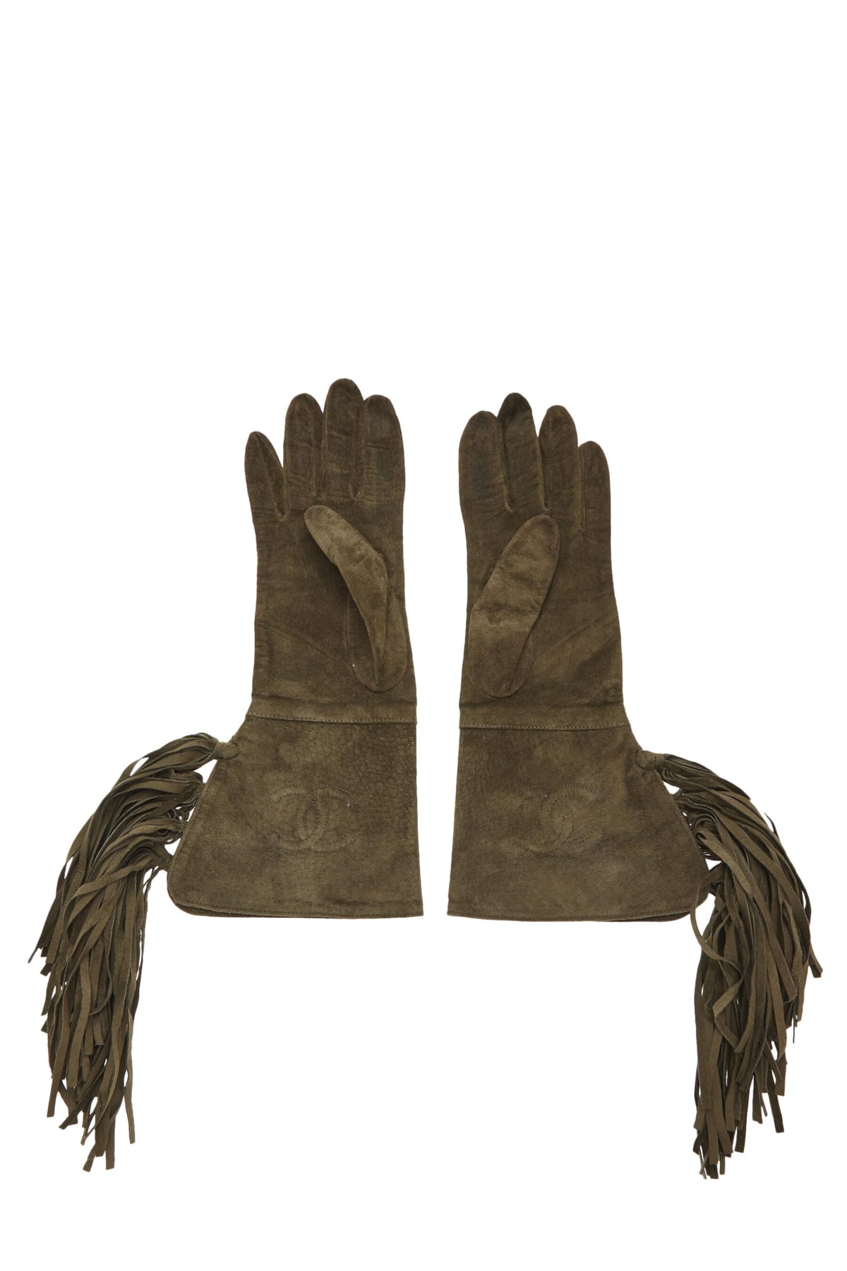 Chanel, Pre-Loved Green Suede Fringe Gloves, Green