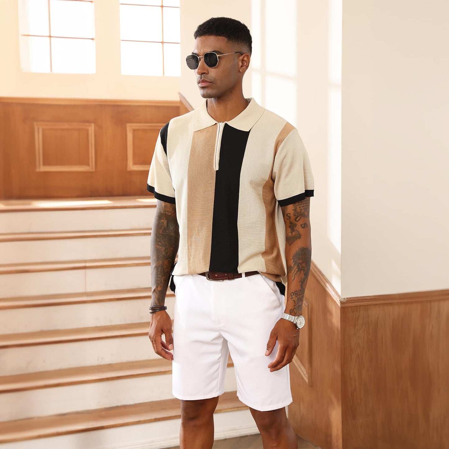 Men's Fashion Polo Shirts Vintage Striped Knitting Shirts Casual Slim Fit Golf Shirts Apricot