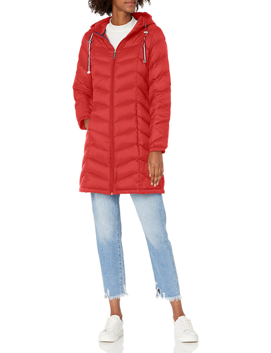 Tommy Hilfiger Women's Mid Length Chevron Quilted Packable Down Jacket, Crimson, Large