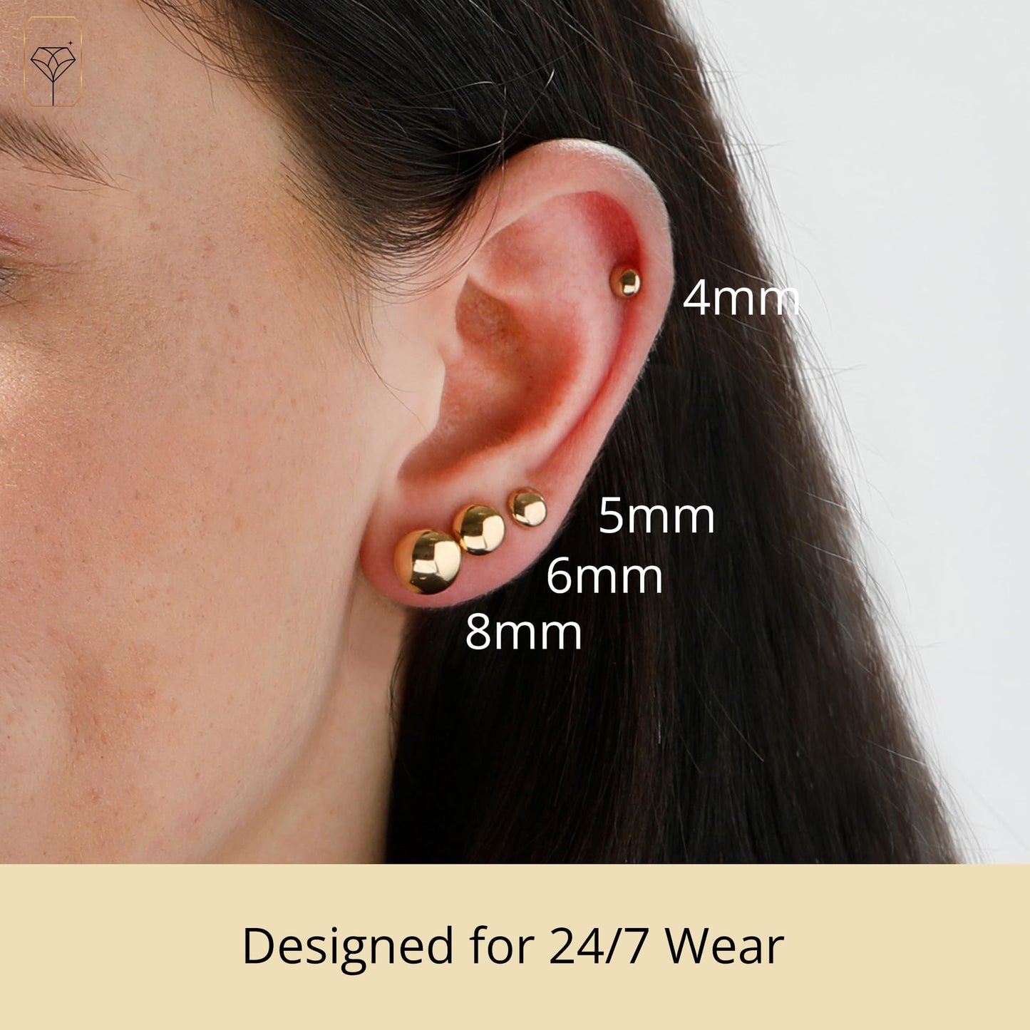MAX + STONE Yellow Large Gold Ball, 14k Real Gold Stud Earrings for Women Men, 8MM Real Gold Post, Half Button Earrings