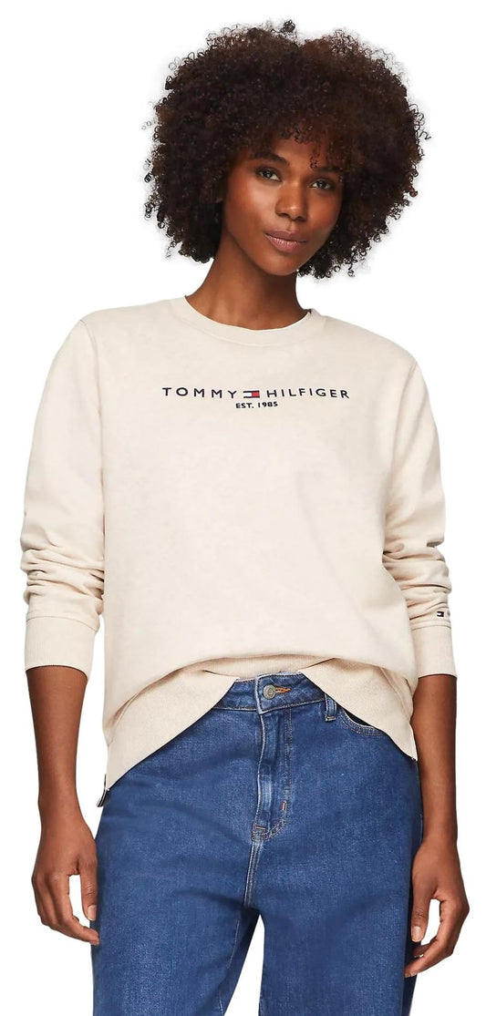 TOMMY HILFIGER Women's Embroidered Tommy Logo Crewneck Sweatshirt, BeigeHtr, S