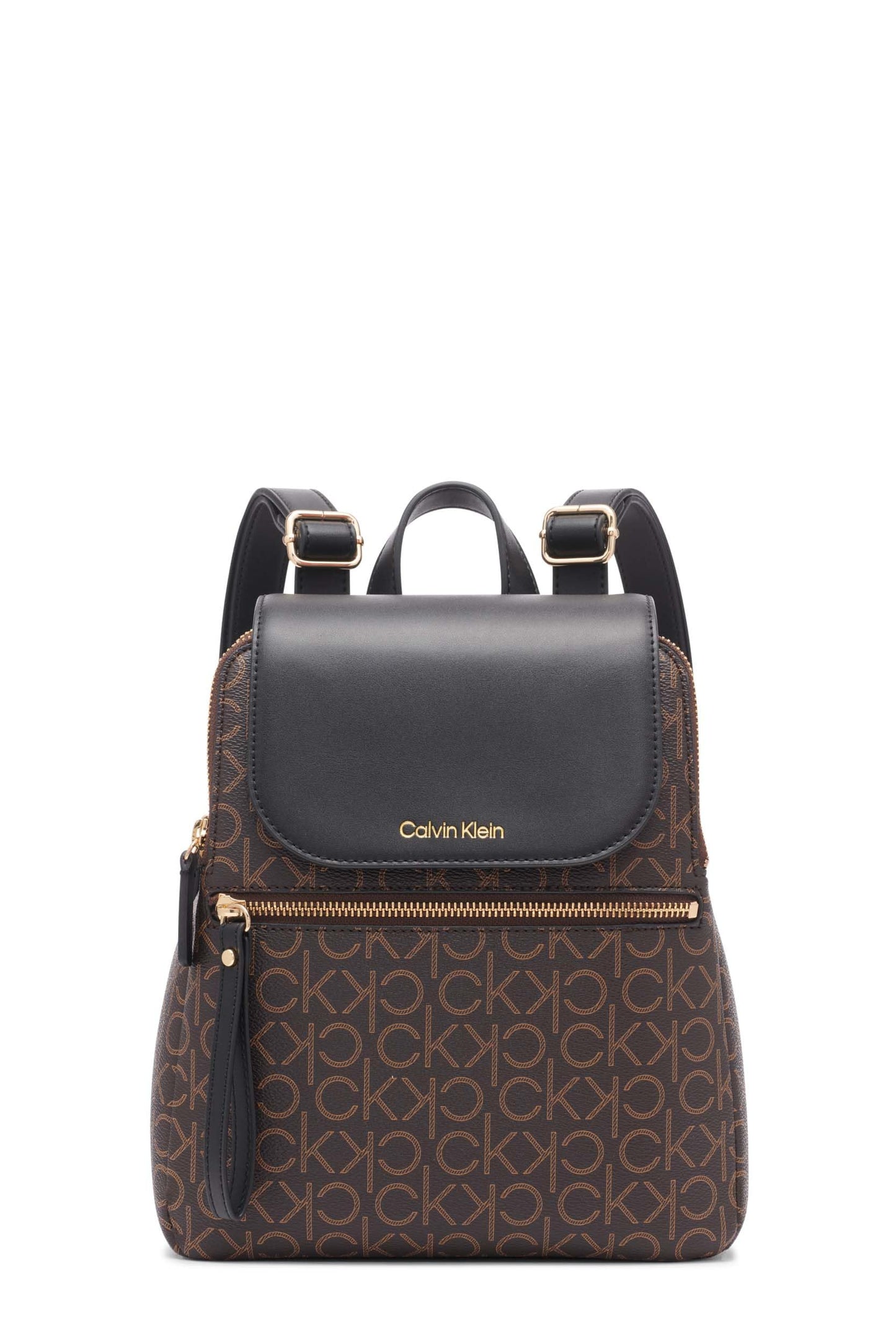 Calvin Klein Reyna Signature Key Item Flap Backpack, Brown/Khaki/Black, One Size