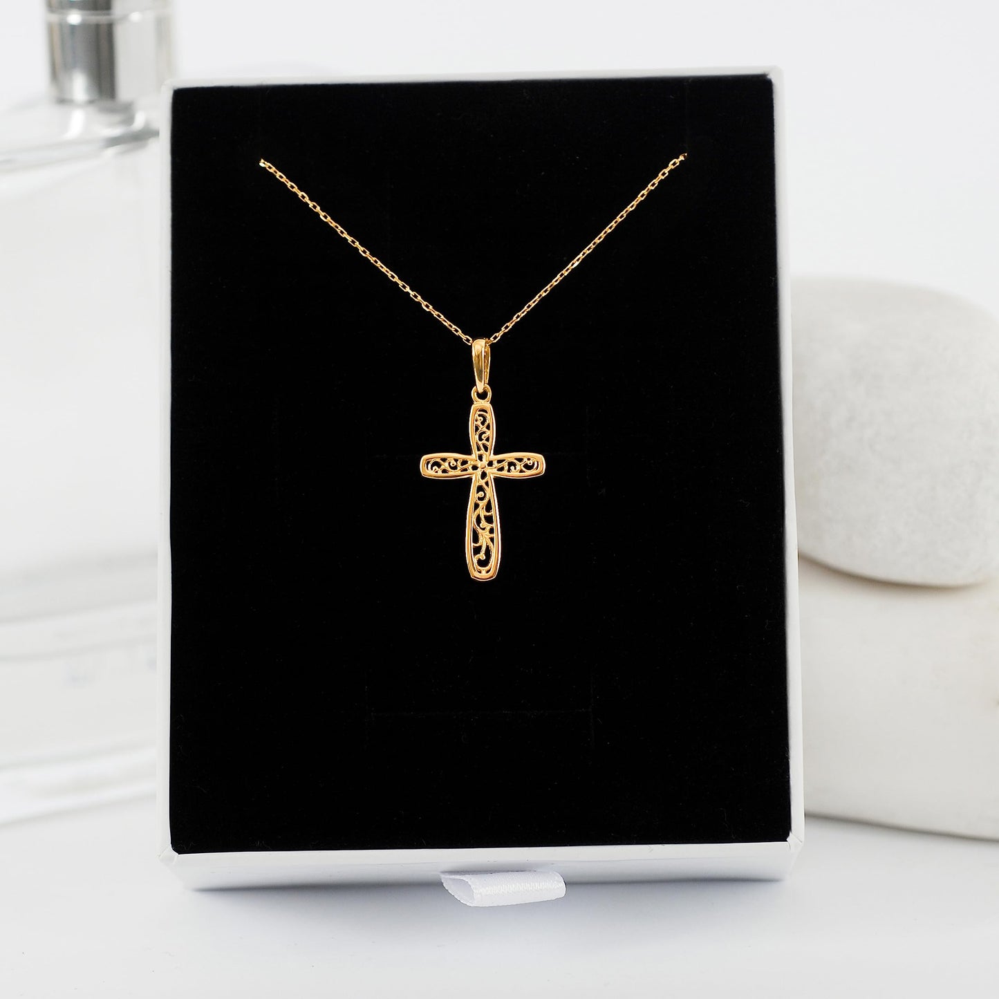 MIONZA 14K Solid Gold Cross Necklace for Women, Pattern Floral Gold Cross Pendant Chain,Adjustable Crucifix Necklace,Religious Gifts for Her 18'' (14K Solid Yellow Gold)