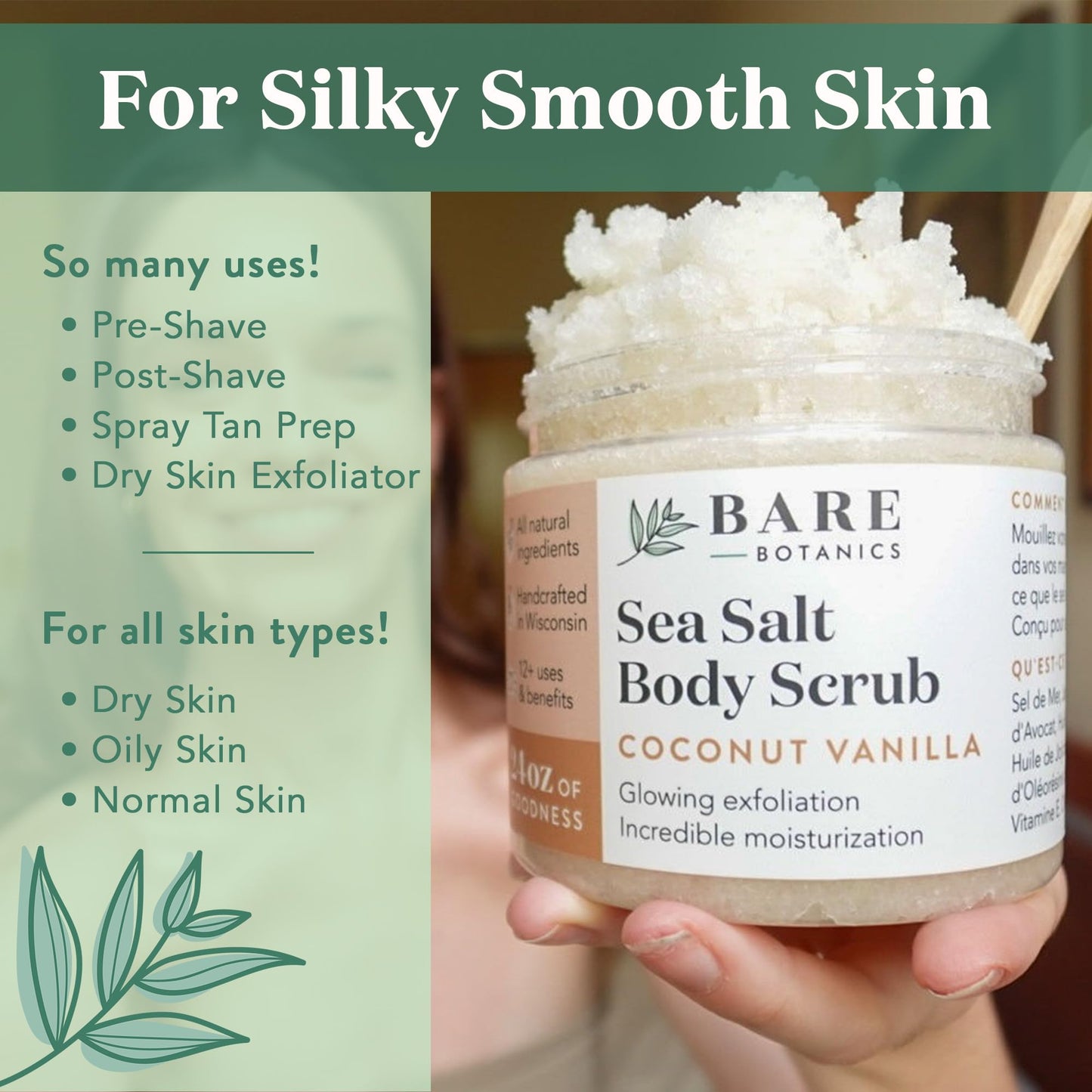 Bare Botanics Lavender Tea Tree Body Scrub 24oz | Made in Madison, WI | All Natural Sea Salt Exfoliator w/ Skin Loving Moisturizers | Vegan & Cruelty Free | Gift Ready Packaging w/ a Cute Wooden Spoon