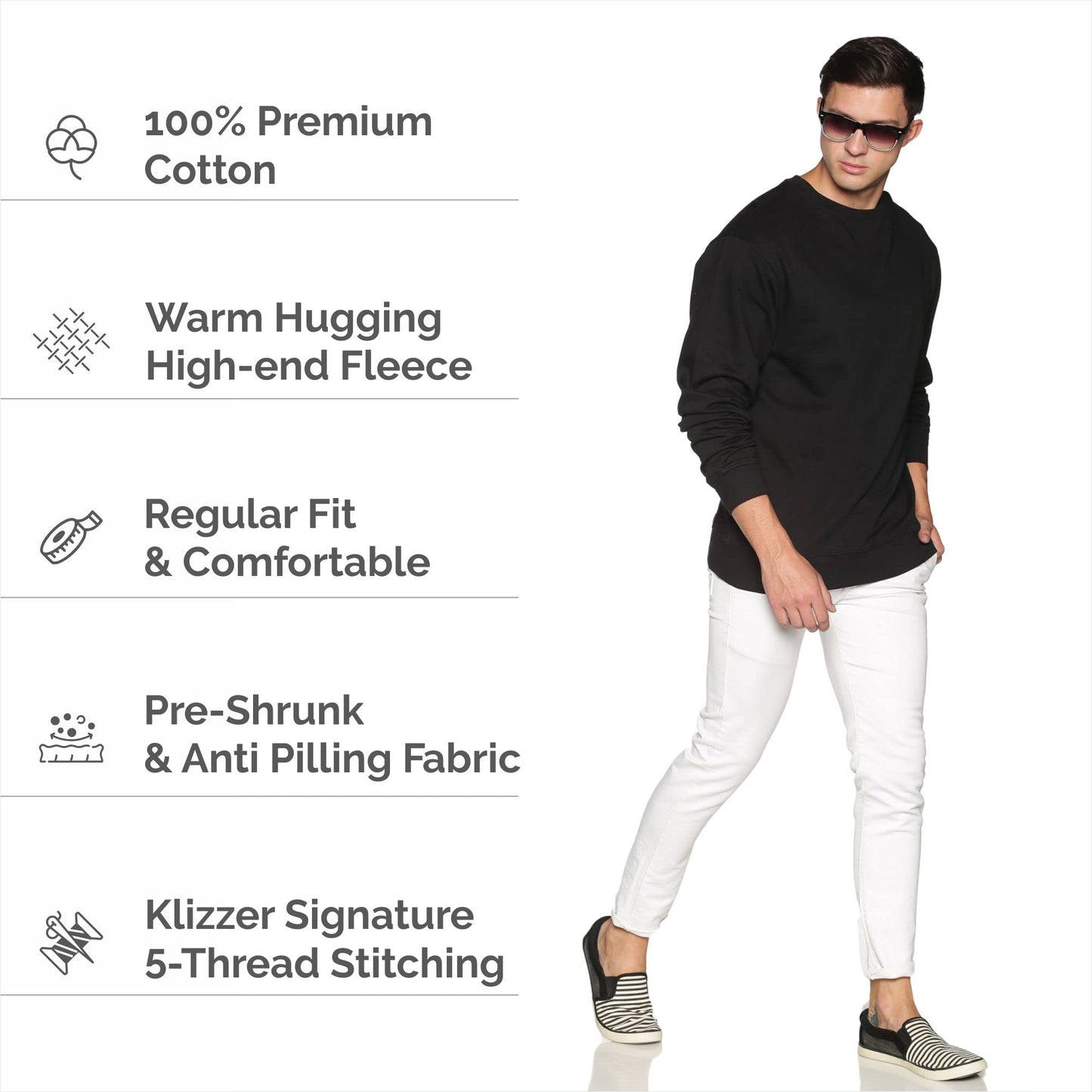 Klizzer Luxury Mens Pullover - Crewneck Sweatshirt Men - 100% Cotton Soft Warm Regular Fit Unisex Fleece Pullover Sweater Heavyweight Shirts Thick Winter Men’s Clothes (Black, M)