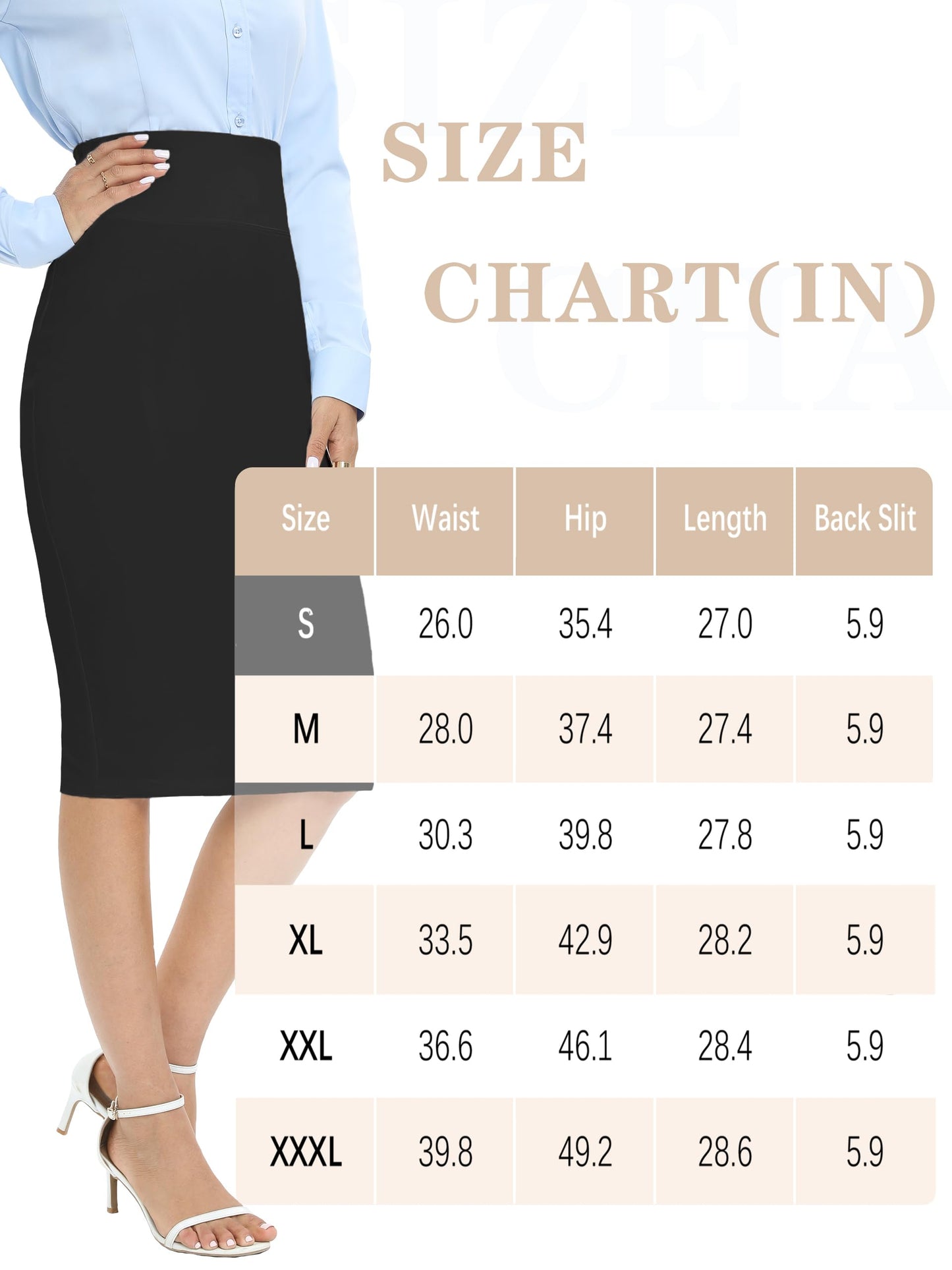 Tapata Women's Office Work Pencil Skirt Stretch High Waist Below Knee Bodycon for Business Casual, Black, Medium