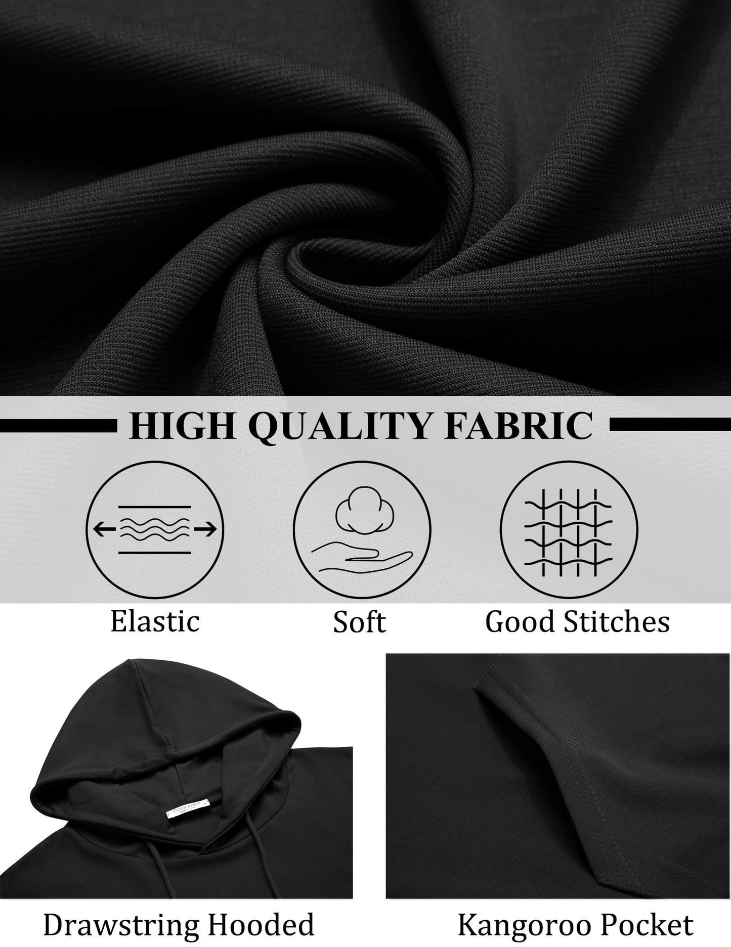 COOFANDY Mens Long Sleeve Sweatshirt Long Sleeve Knit Drawstring Hoodies for Men with Kanga Pocket Black Large