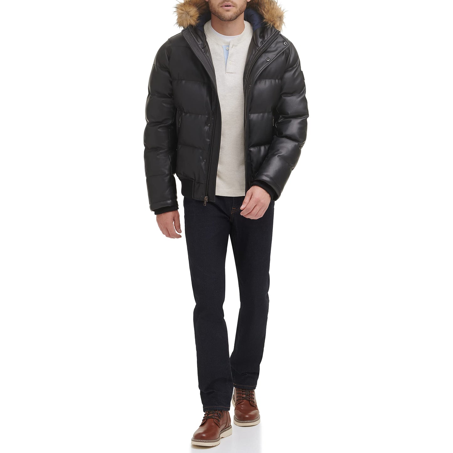 Tommy Hilfiger Men's Quilted Arctic Cloth Snorkel Bomber Jacket with Removable Hood (Standard and Big & Tall), Black Faux Leather, XX-Large