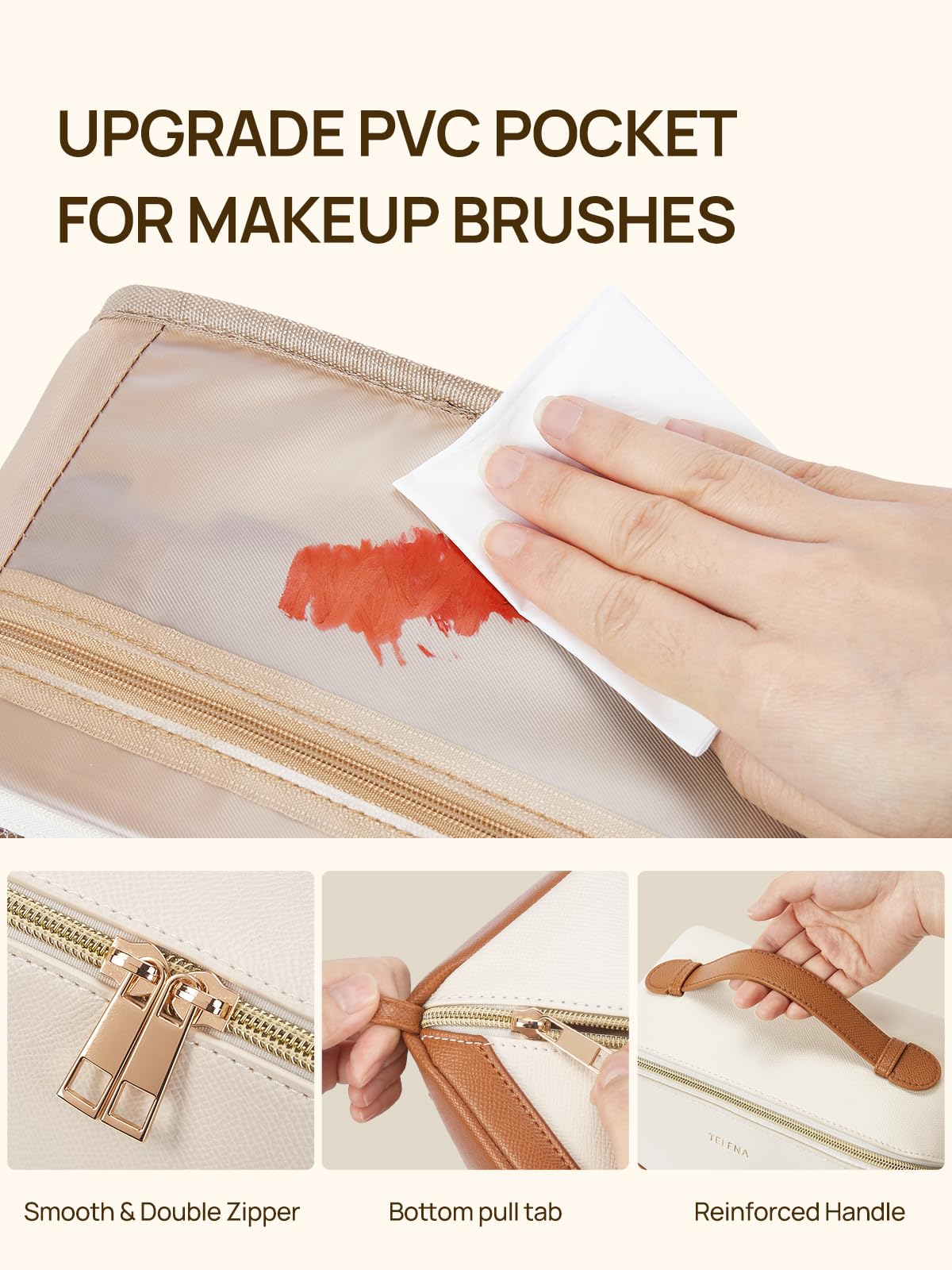 Telena Makeup Bag Large Capacity Travel Cosmetic Bag Portable PU Leather Water Resistant Makeup Organizer Bags for Women with Handle and Divider Open Flat Beige with Brown