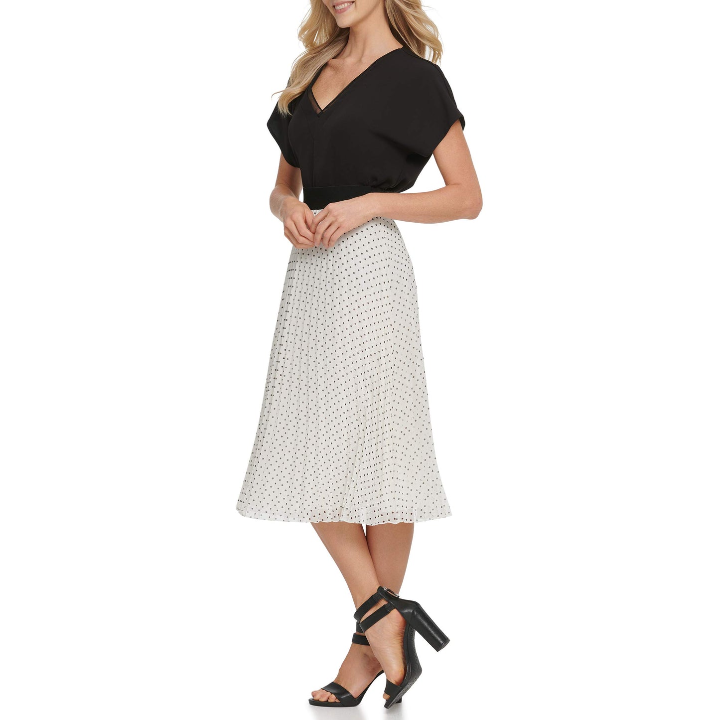 DKNY SPORTSWEAR womens Pull on Everyday Midi Pleated Skirt, Ivry Dot, Small US