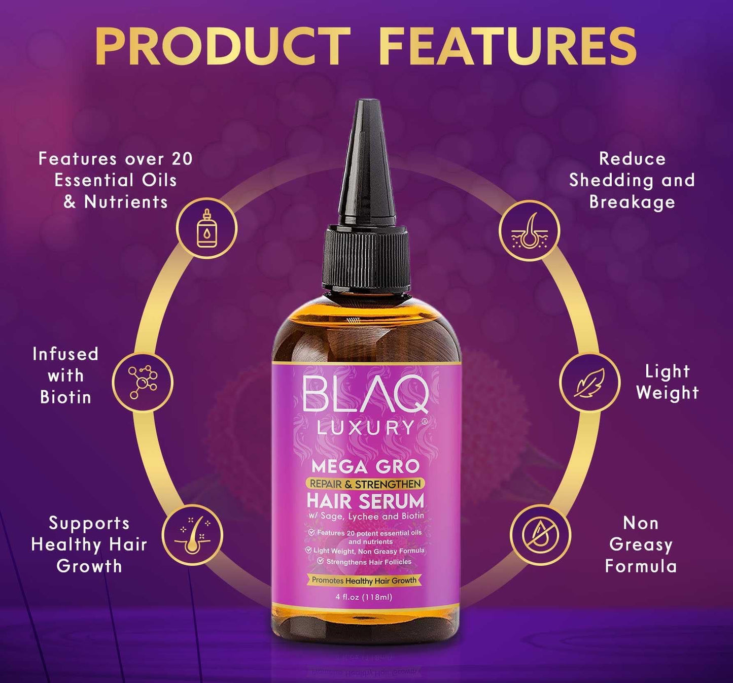 Blaq Luxury Hair Growth Oil - Dry Scalp Treatment For Dry Itchy Scalp With Biotin for Repair & Strengthening, Hair Serum for Frizzy and Damaged Hair, Split End Treatment for Women, 4oz (2 Pack)