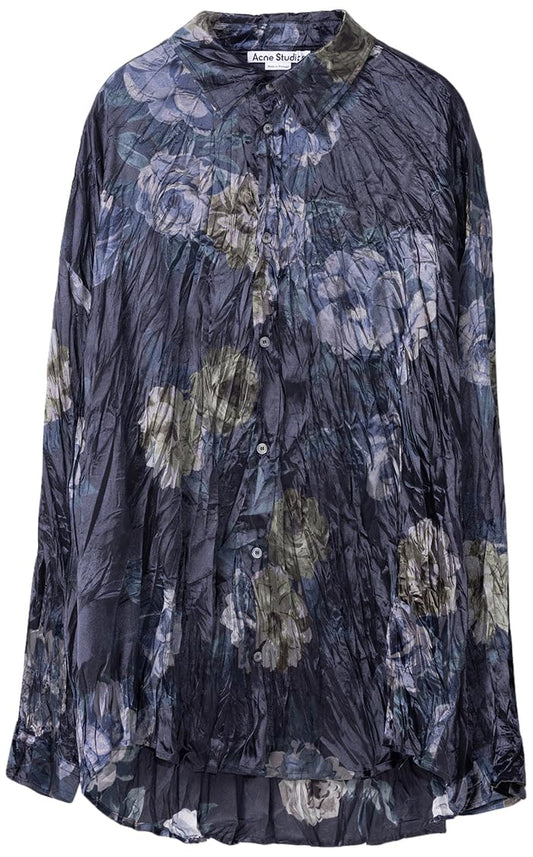 Acne Studios, Setar Oversized Floral-Print Crinkled-Satin Shirt, L, Blue