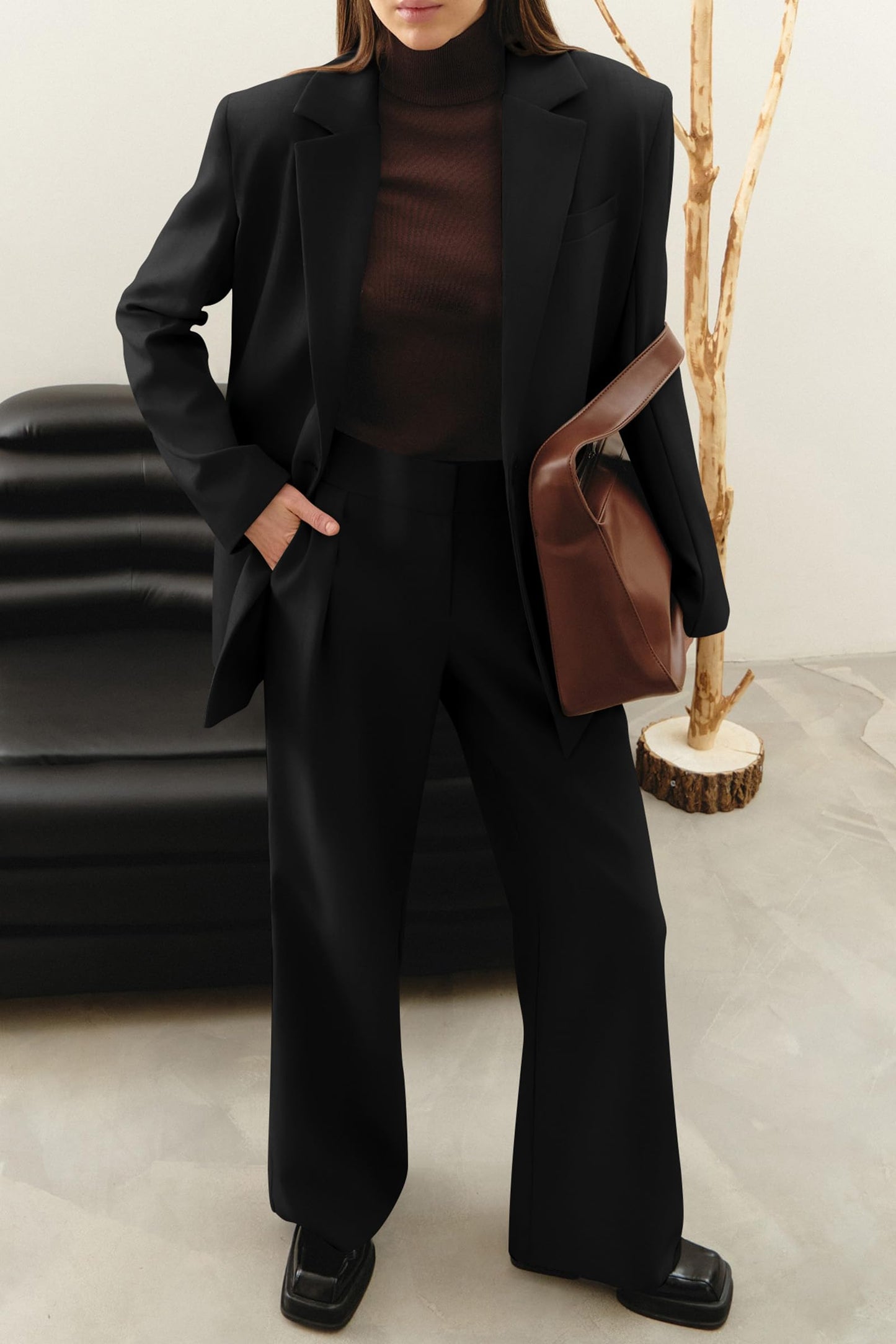 PRETTYGARDEN Women's 2024 Fall Two Piece Outfits Blazer Jacket and Wide Leg Pants Pockets Business Casual Suit Sets (Black,X-Large)