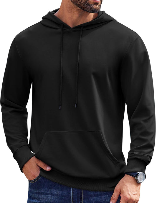 COOFANDY Mens Long Sleeve Sweatshirt Long Sleeve Knit Drawstring Hoodies for Men with Kanga Pocket Black Large