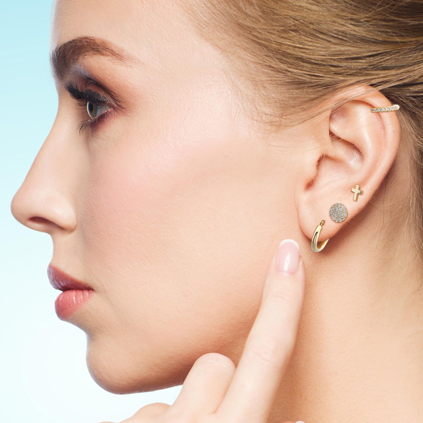 14k Solid Gold Small Polished Tiny Flat Plain Mini Cross Stud Earrings (5mm, Yellow Gold)
