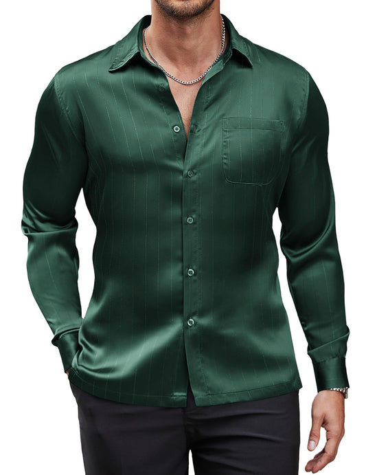 COOFANDY Mens Shiny Dress Shirts Long Sleeve Satin Button Up Shirt Luxury Button Down Shirts (Army Green, Medium)