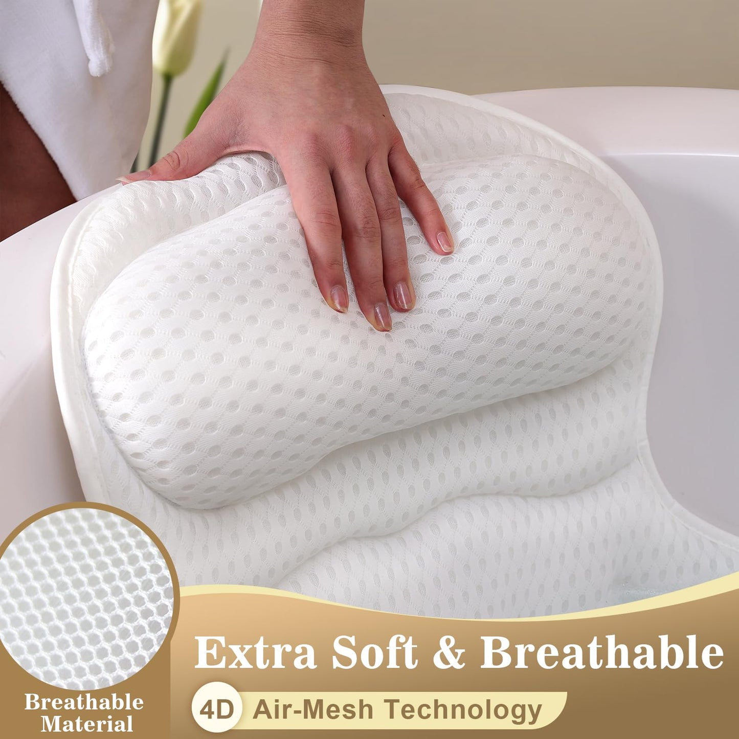 Bath Pillow Luxury Bathtub Pillow, Extra Soft & Comfortable Bath Pillows for Tub Head Neck and Back Support, with 4D Air Mesh Cushions & Non-Slip Suction Cups - Bath Accessories Spa Gifts for Women