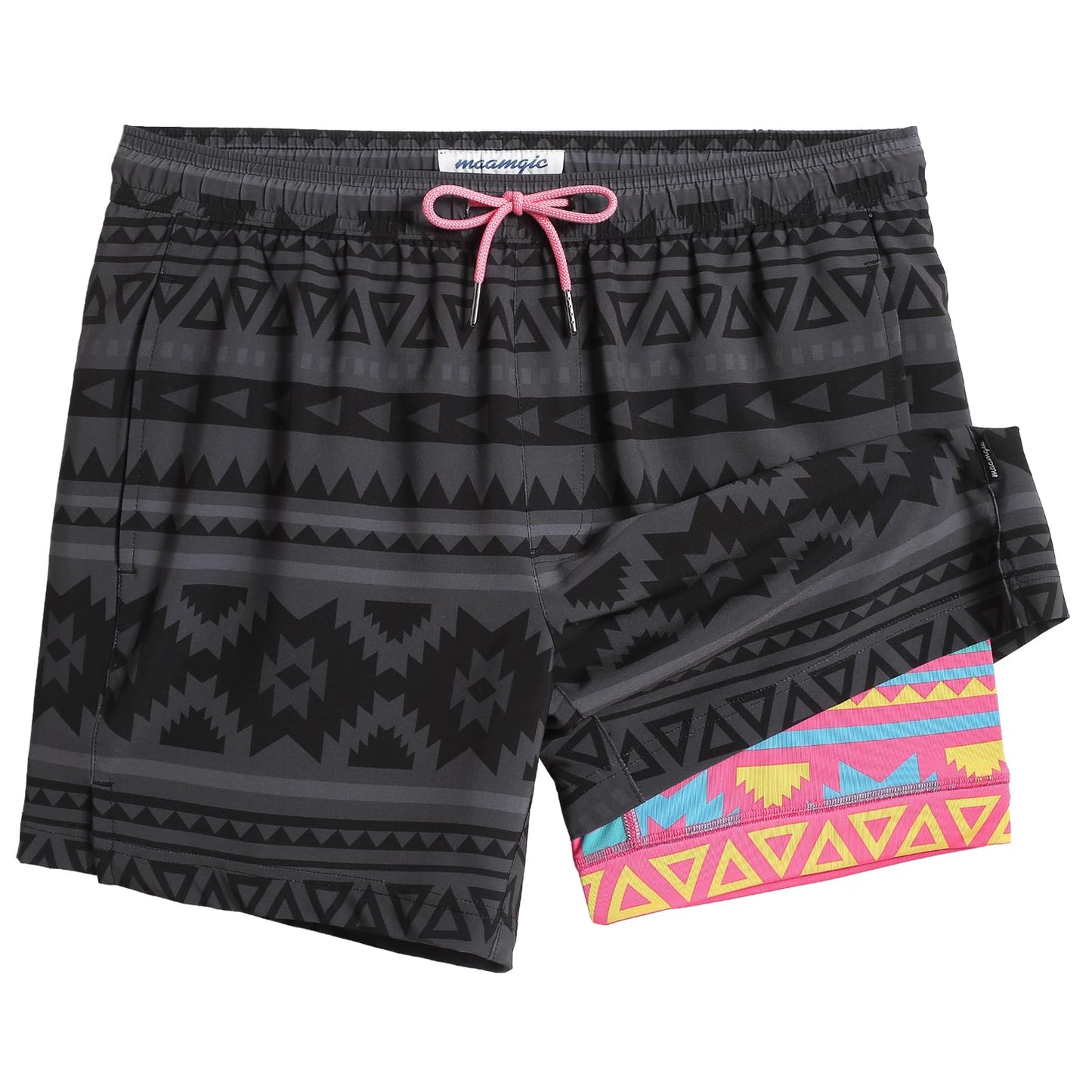 maamgic Mens 5 Inch Stretch Swimming Shorts Compression Liner Swim Trunks Quick Dry Bathing Suits Board Shorts Beach Shorts Swim Suits Geometrical Black Medium