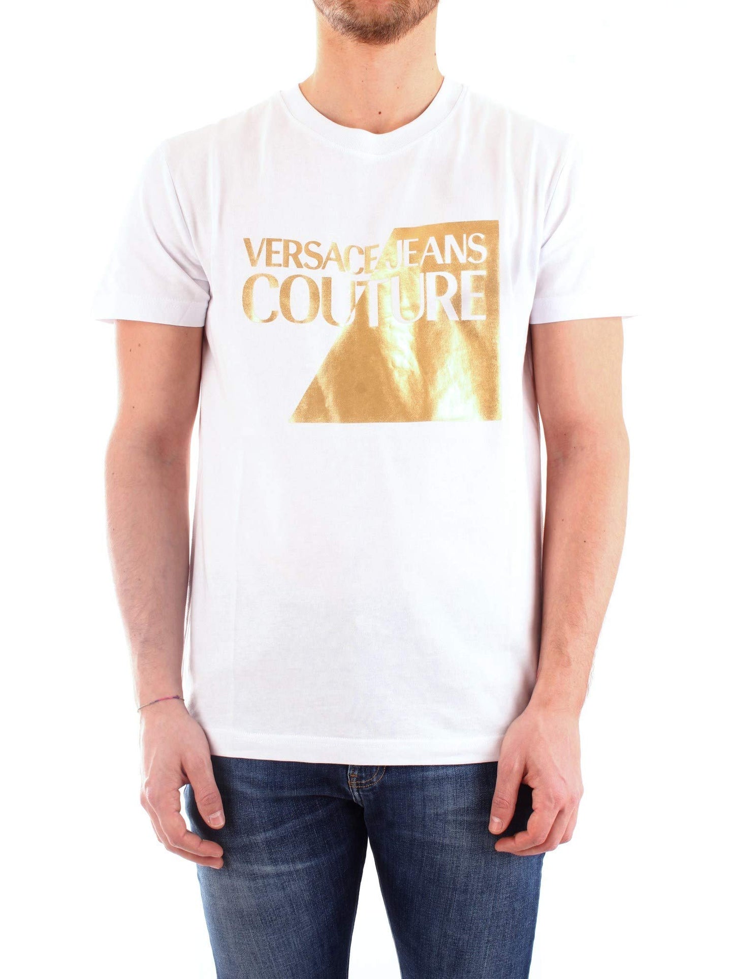 Versace Jeans Couture White 100% Cotton Oversized Split Foil Logo Short Sleeve T-Shirt- S for Mens