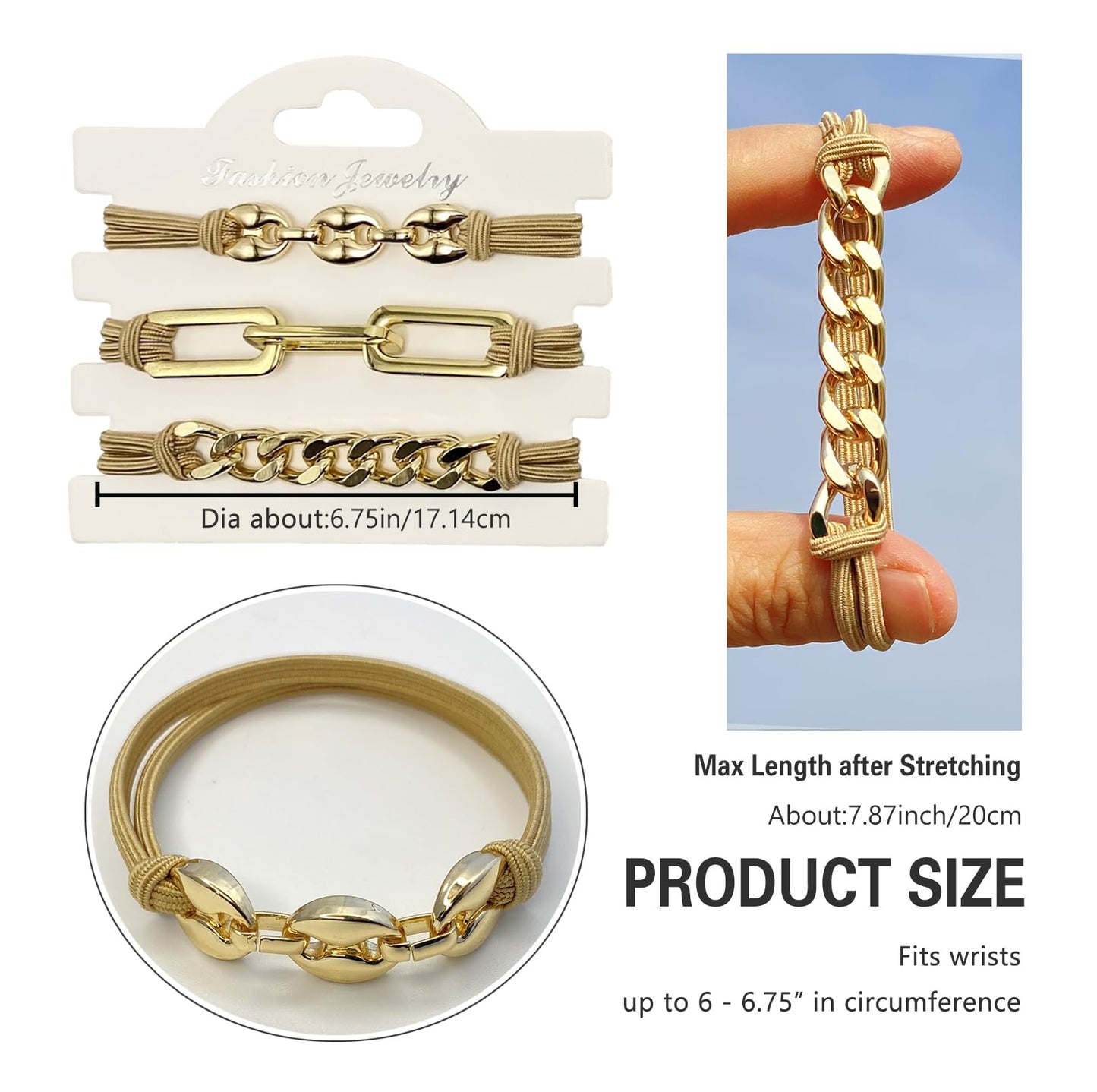 Bracelet Hair Ties Decorative Gold, Pretty High Ponytail Holder Cute Elastic Ponytail Jewelry Luxury Scrunchies Khaqi