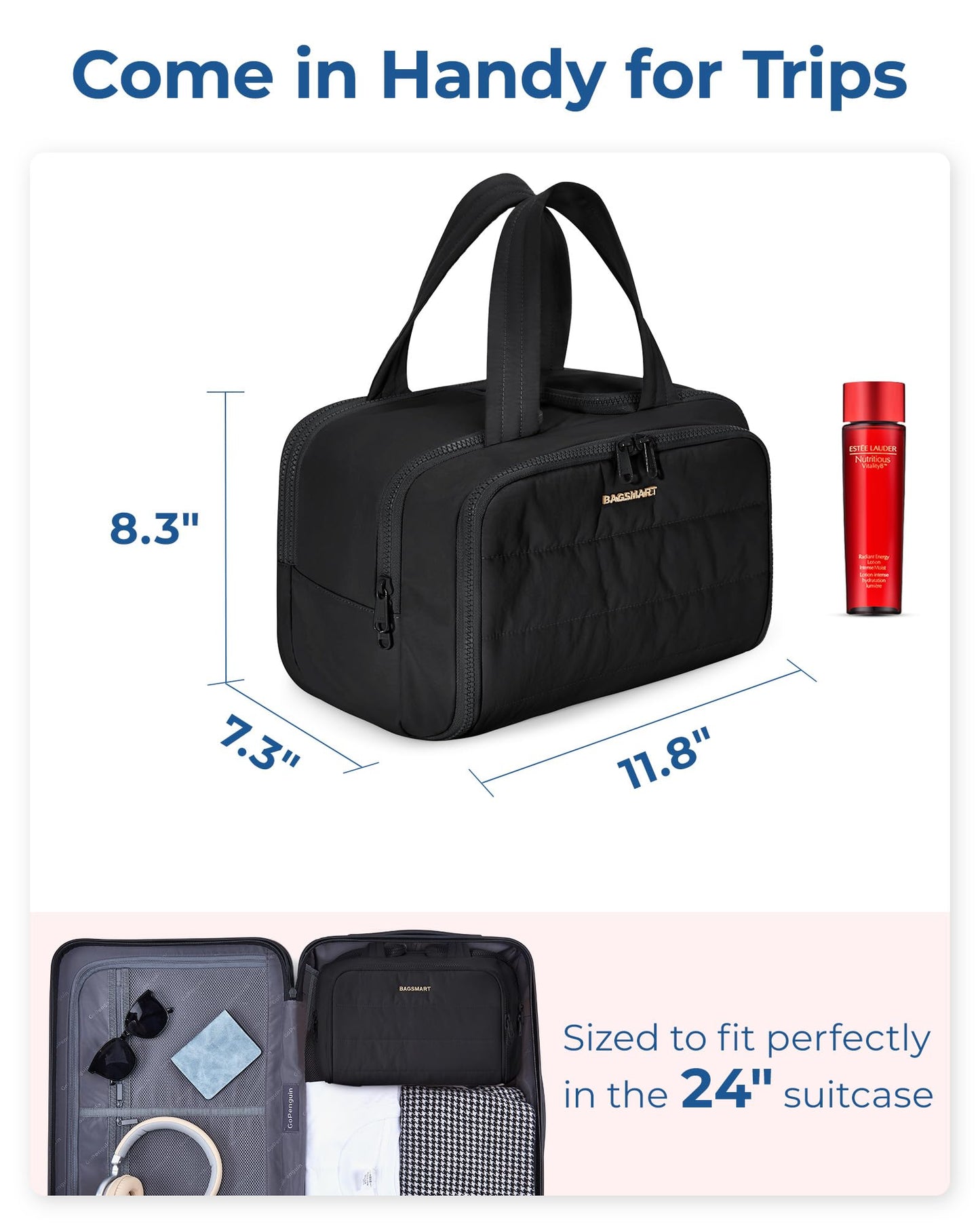BAGSMART Travel Toiletry Bag, Lightweight Large Wide-open Travel Bag for Women, Puffy Cosmetic Makeup Bag Organizer with Handle for Accessories,Essentials, Toiletries, Black