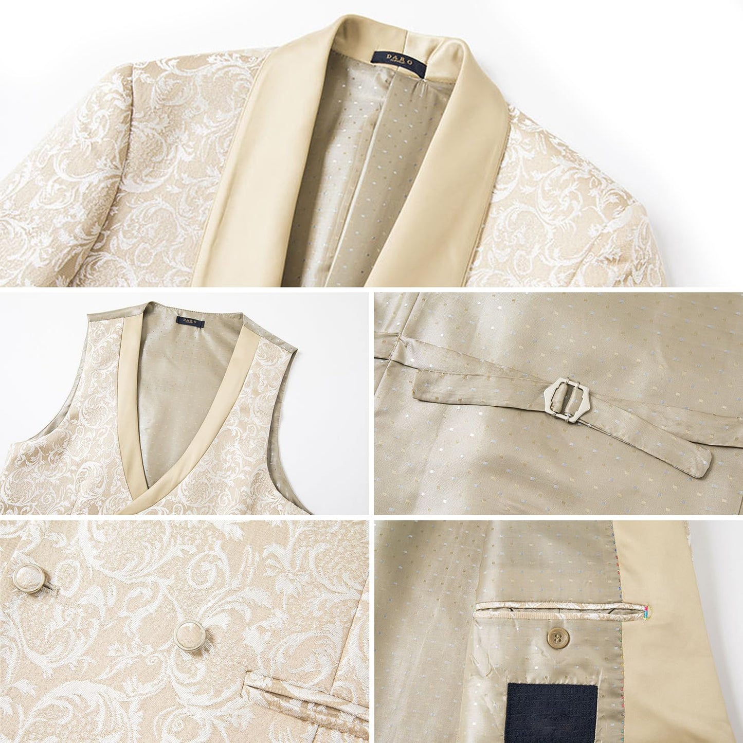 FIXRIMCH Formal Tuxedo Suit for Men Embroidered Paisley Blazer Jacket Vest Pants Set for Wedding Party,Dinner,Prom Apricot