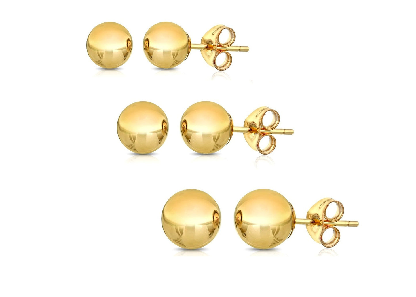 PORI JEWELERS 14K Solid Gold Ball Stud Earrings (3-Pair-Pack) 3MM 4MM and 5MM… Choose a Color (Yellow)
