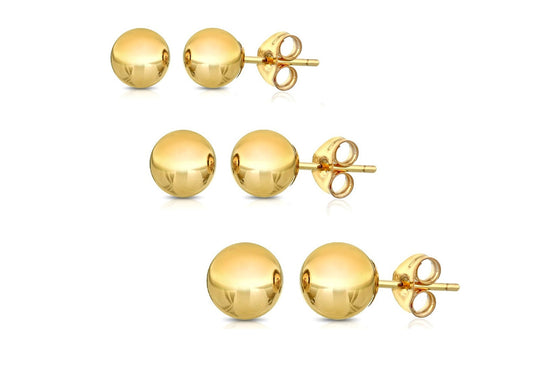 PORI JEWELERS 14K Solid Gold Ball Stud Earrings (3-Pair-Pack) 3MM 4MM and 5MM… Choose a Color (Yellow)