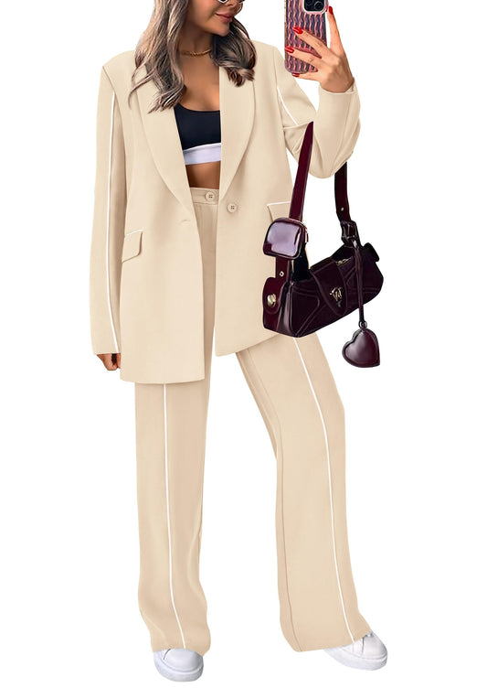 PRETTYGARDEN Women's Fall 2 Piece Blazer Outfits Business Casual Oversized Jacket Wide Leg Work Pants Dressy Suit Set (Beige,Small)