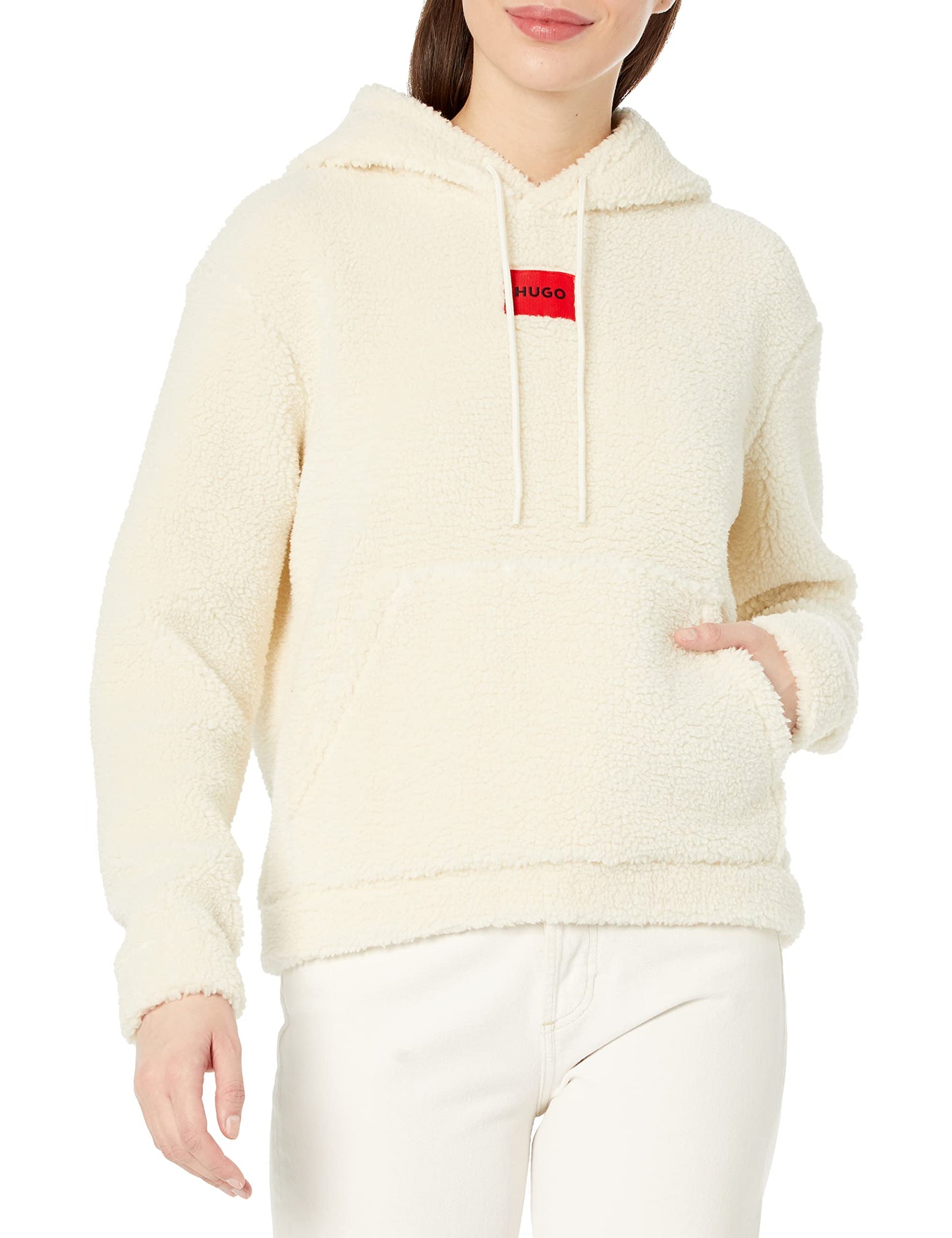 HUGO Women's Comfy Teddy Hooded Sweatshirt, Ivory, XS