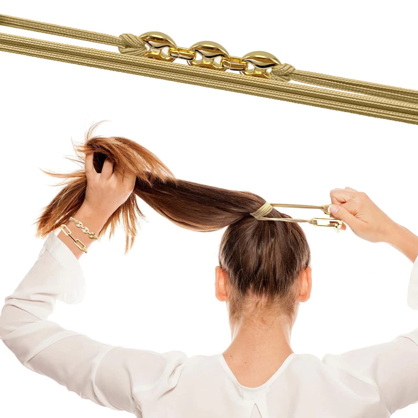 Bracelet Hair Ties Decorative Gold, Pretty High Ponytail Holder Cute Elastic Ponytail Jewelry Luxury Scrunchies Khaqi