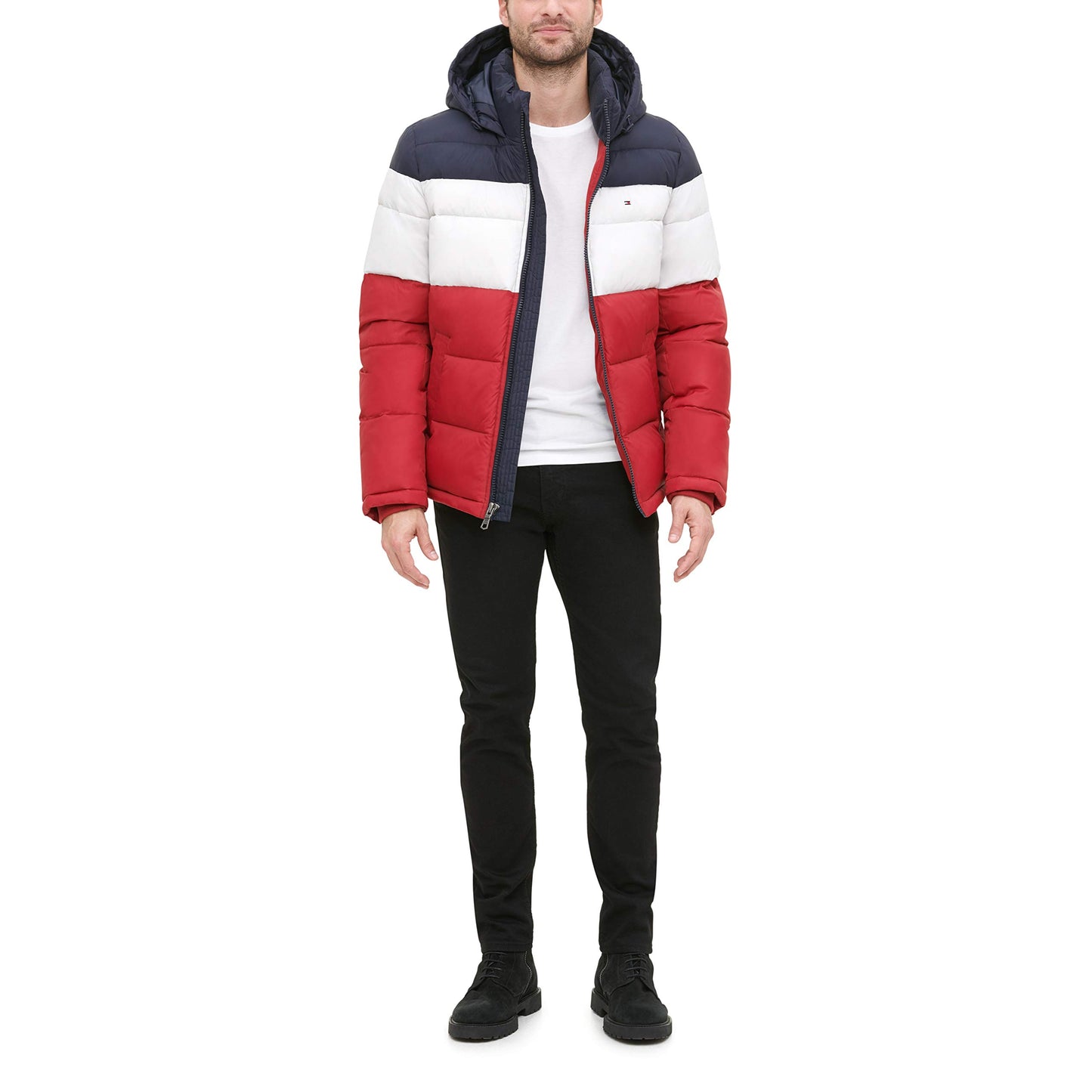 Tommy Hilfiger Men's Classic Hooded Puffer Jacket (Standard and Big & Tall), midnight/white/red, Medium