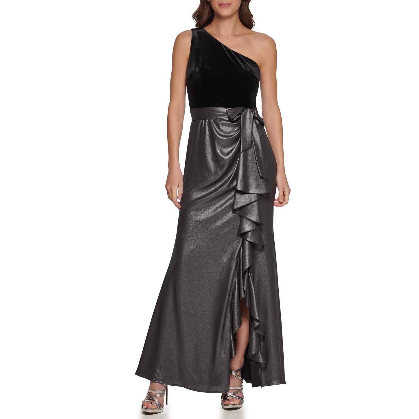 DKNY Women's Velvet/foil Chiffon Ruffle Skirt Mix Media Dress, Black/Silver