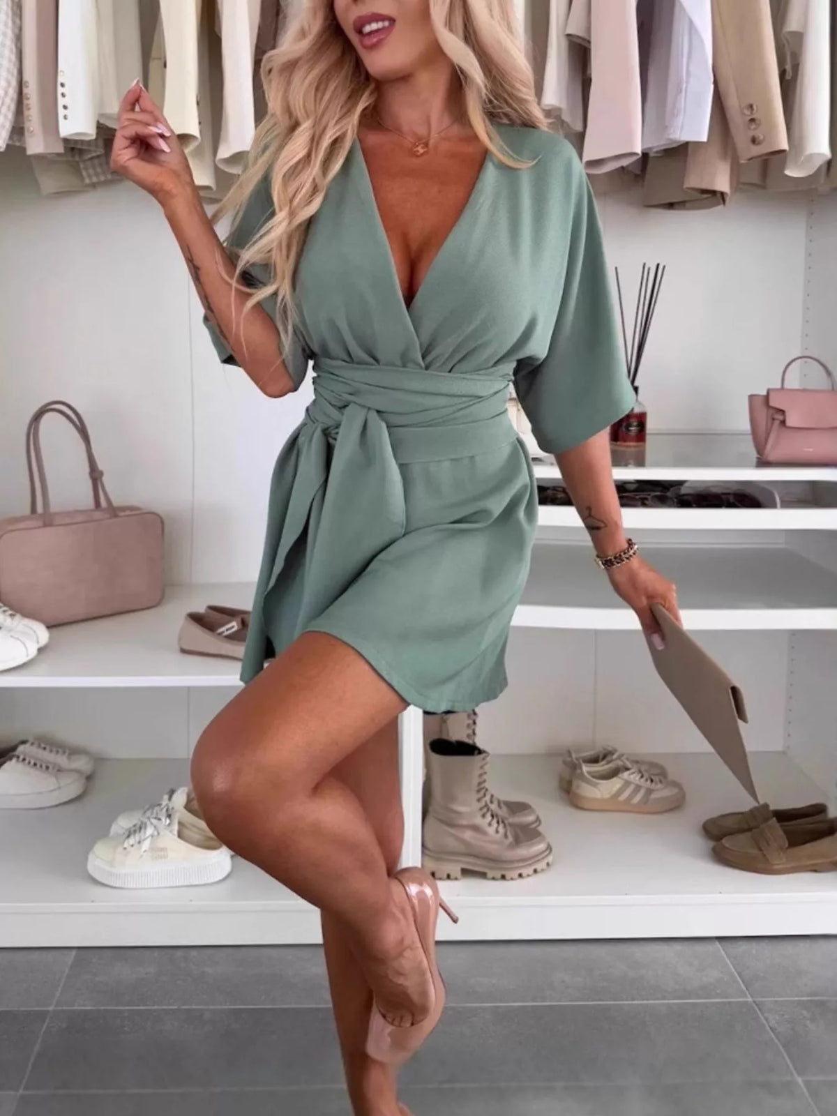 Full Size Surplice Tie Waist Romper Plus Size