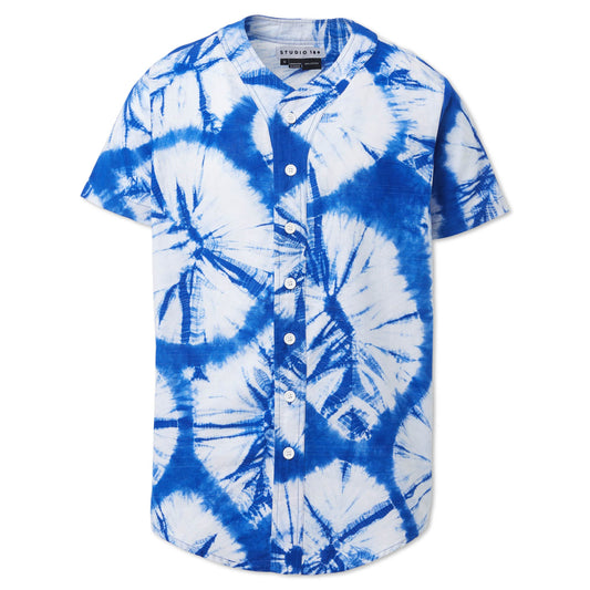 Studio 189, Cotton Baseball Short Sleeve Shirt, Blue, L