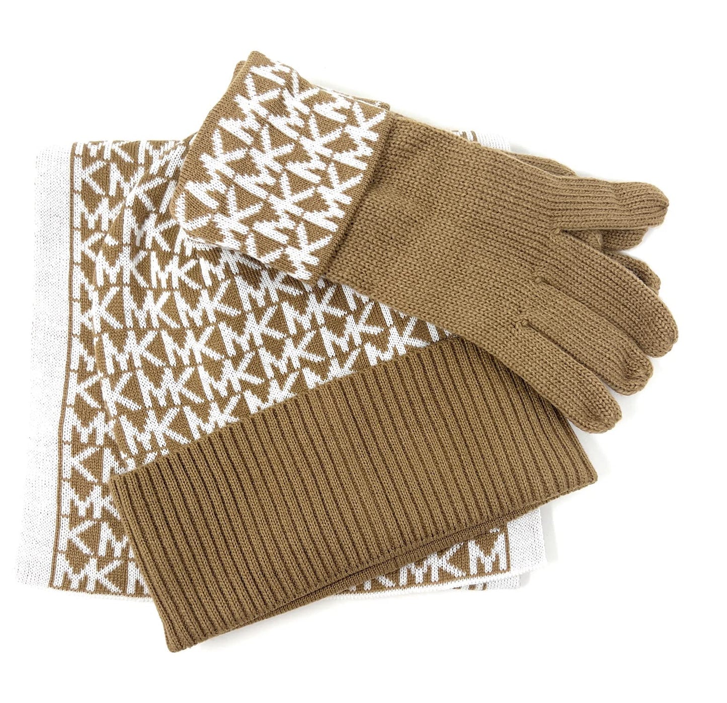 Michael Kors Women's Circle Logo Scarf, Hat, Glove Set, Camel/Cream