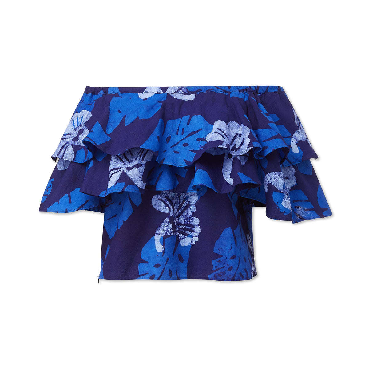 Hand-Batik Cotton Double Ruffle Top, Blue, XL