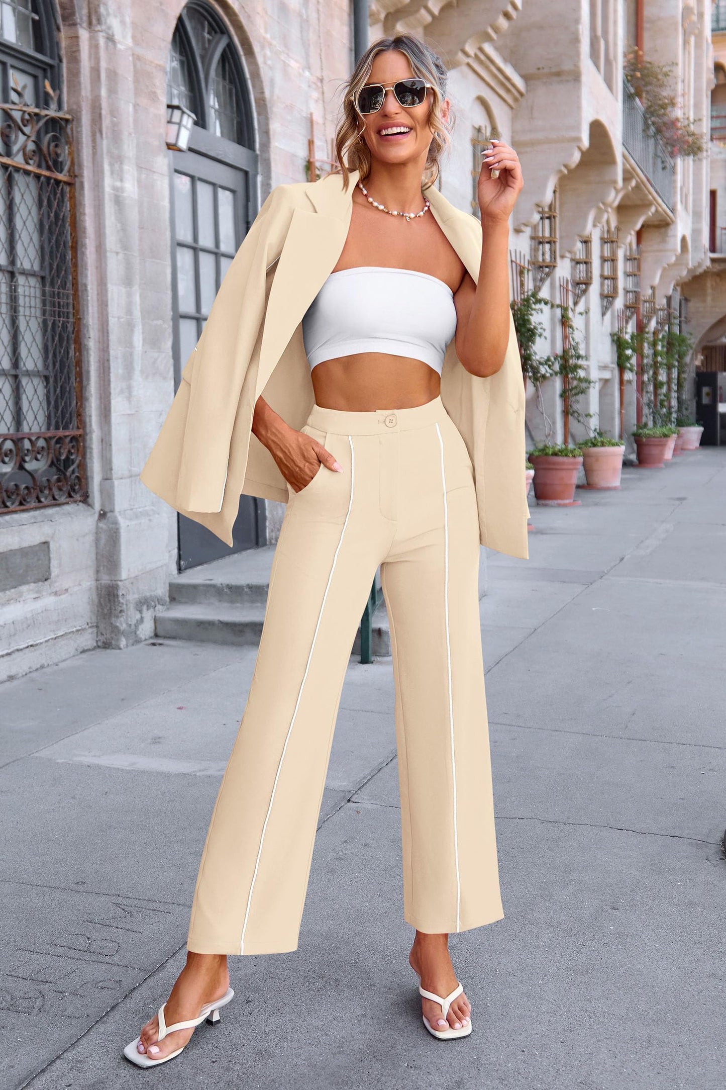 PRETTYGARDEN Women's Fall 2 Piece Blazer Outfits Business Casual Oversized Jacket Wide Leg Work Pants Dressy Suit Set (Beige,Small)