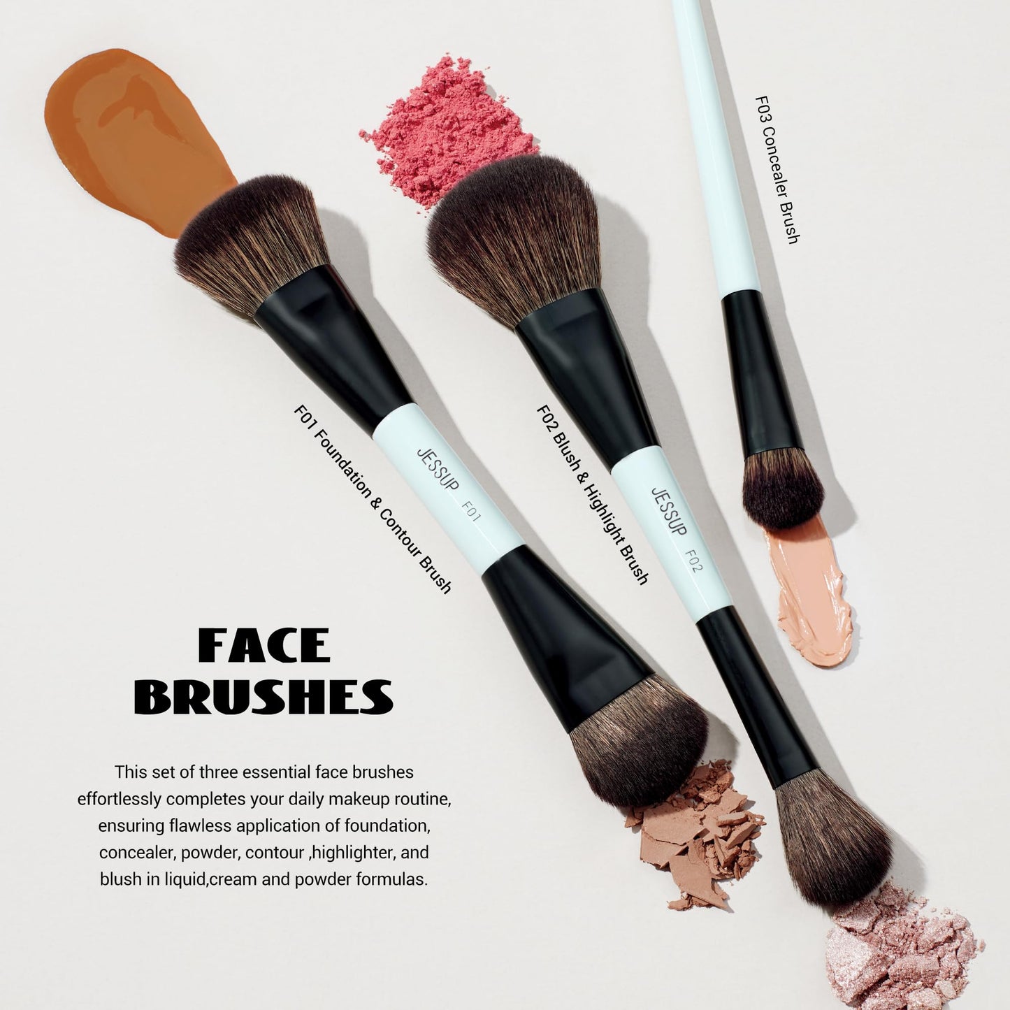 Jessup Makeup Brushes Set 10pcs, Double Sided Foundation Contour Blush Highlight Blending Eyebrow Brush Eyeshadow Eyeliner Concealer Brush, Bright Cyan Cruelty Free Cosmetic Tools T500