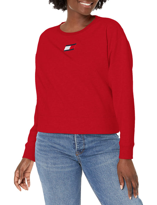 Tommy Hilfiger Women's Long Sleeve Logo Pullover Sweatshirt, Scarlet, Large