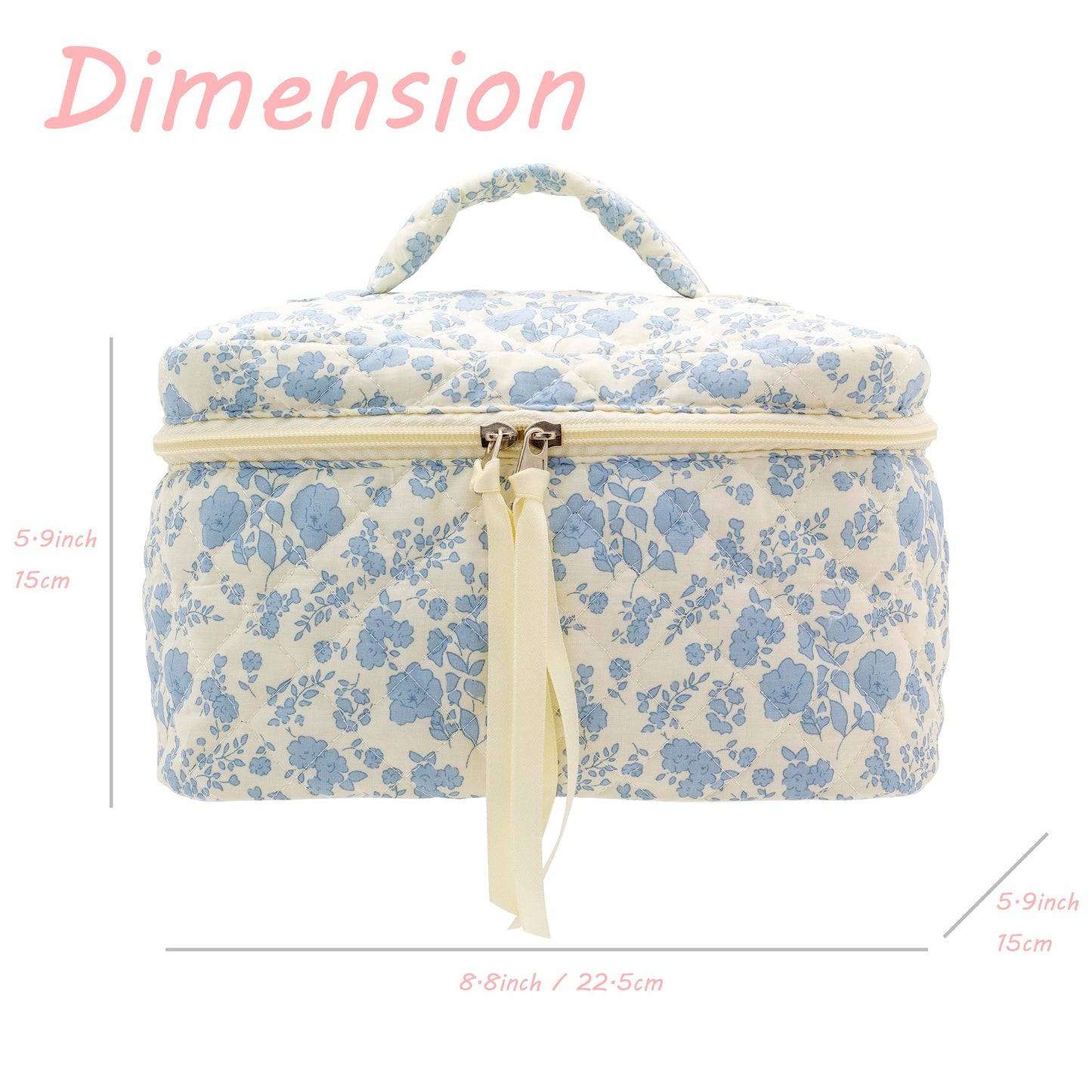 PAZIMIIK Cotton Makeup Bag for Women Large Quilted Travel Cosmetic Case Girls' Make Up Organizer,Little Flower Blue