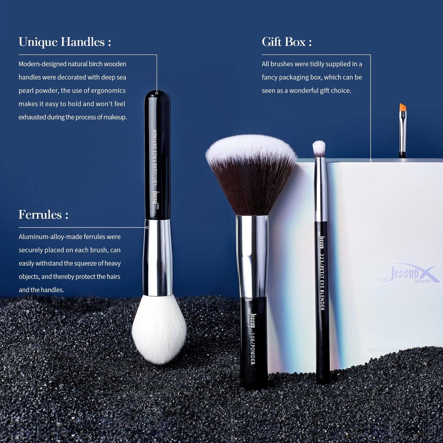 Jessup 25pcs Professional Makeup Brush Set Foundation Powder Concealer Eyeshadow Blending Blush Highlighter Natural-Synthetic Hair Brushes (Black/Silver)