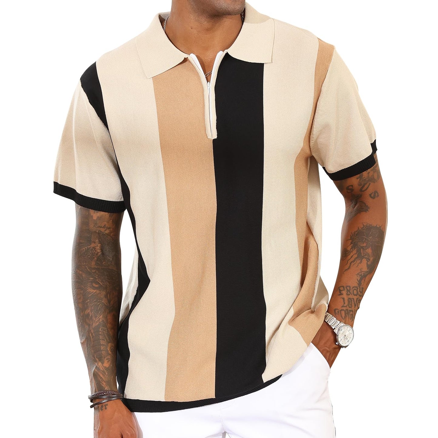 Men's Fashion Polo Shirts Vintage Striped Knitting Shirts Casual Slim Fit Golf Shirts Apricot