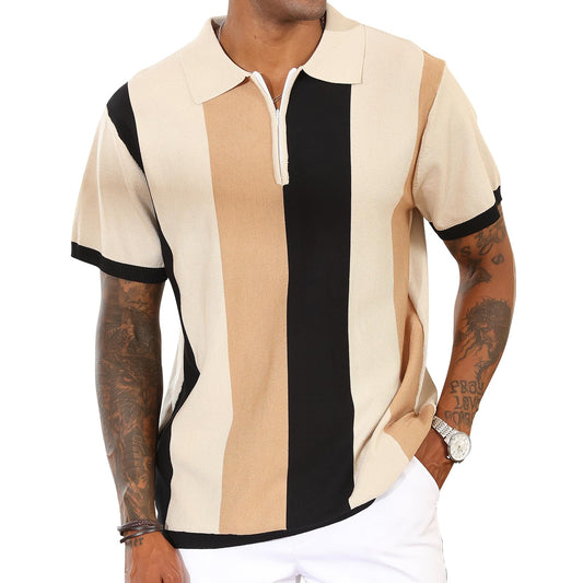 Men's Fashion Polo Shirts Vintage Striped Knitting Shirts Casual Slim Fit Golf Shirts Apricot