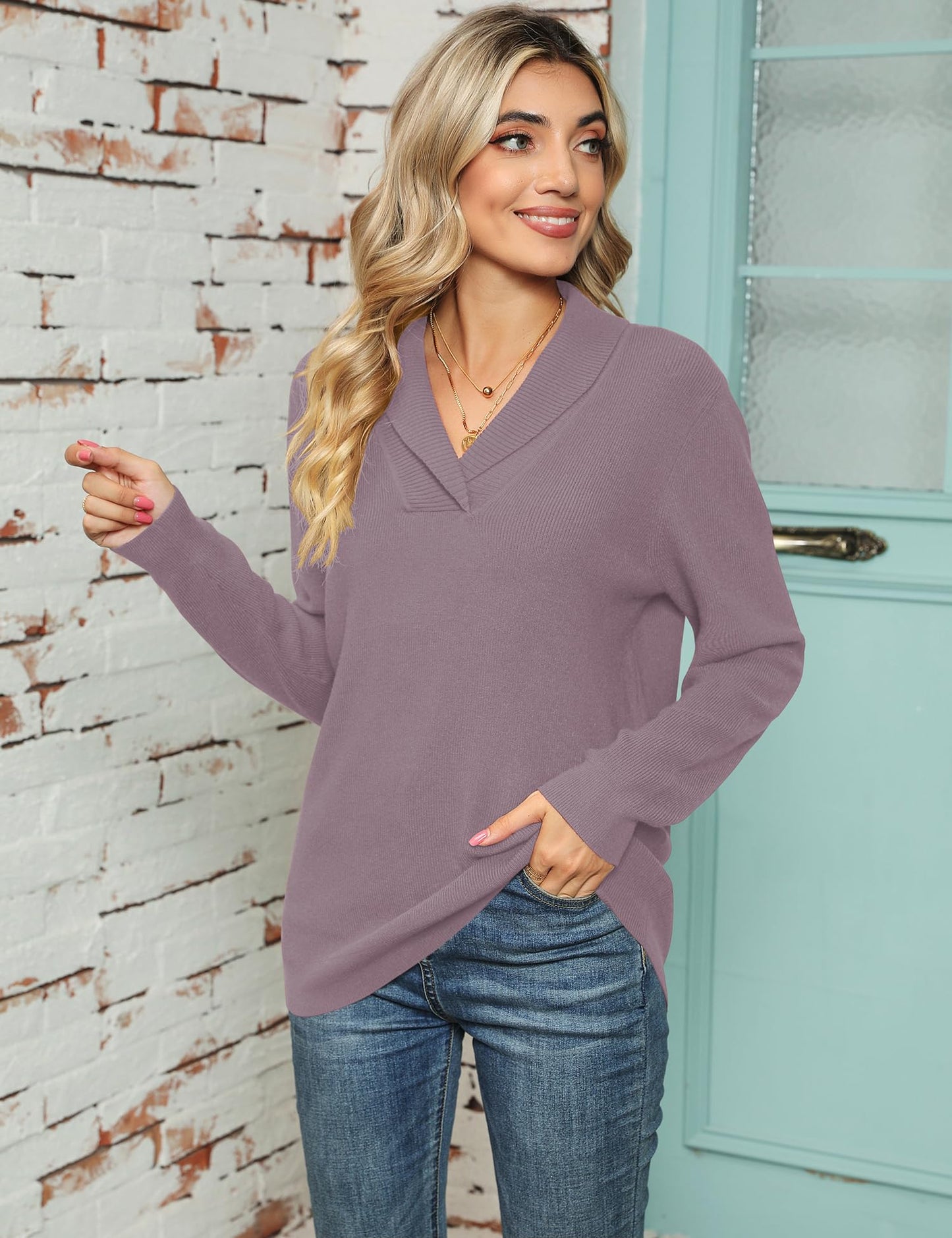 Ivicoer Women's Sweaters V Neck Pullover Long Sleeve Shawl Collared Ladies Knitted Casual Tops Fall Winter Dressy Polo Trendy