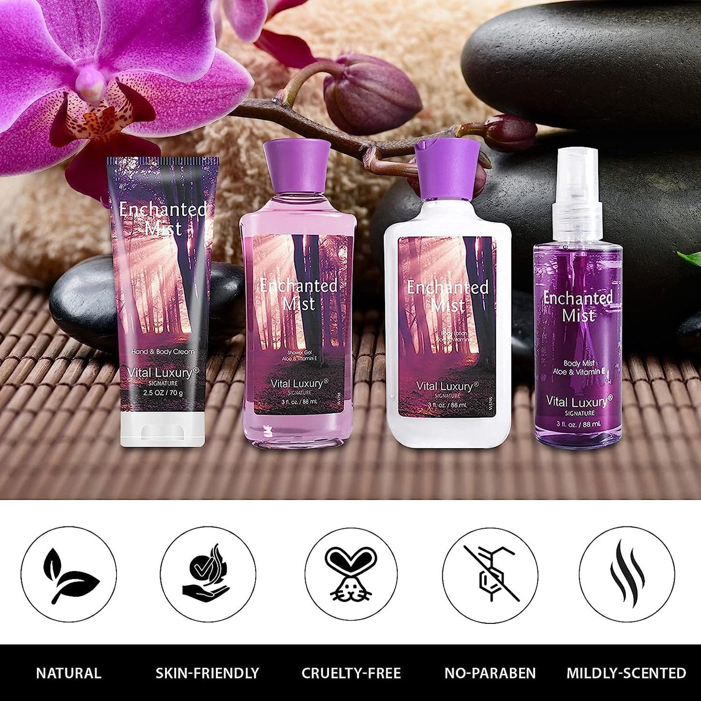 Vital Luxury Enchanted Mist Scent Bath & Body Kit, 3 Fl Oz, Ideal Skincare Gift Home Spa Set, Includes Body Lotion, Shower Gel, Body Cream, and Fragrance Mist, Christmas Gift Sets